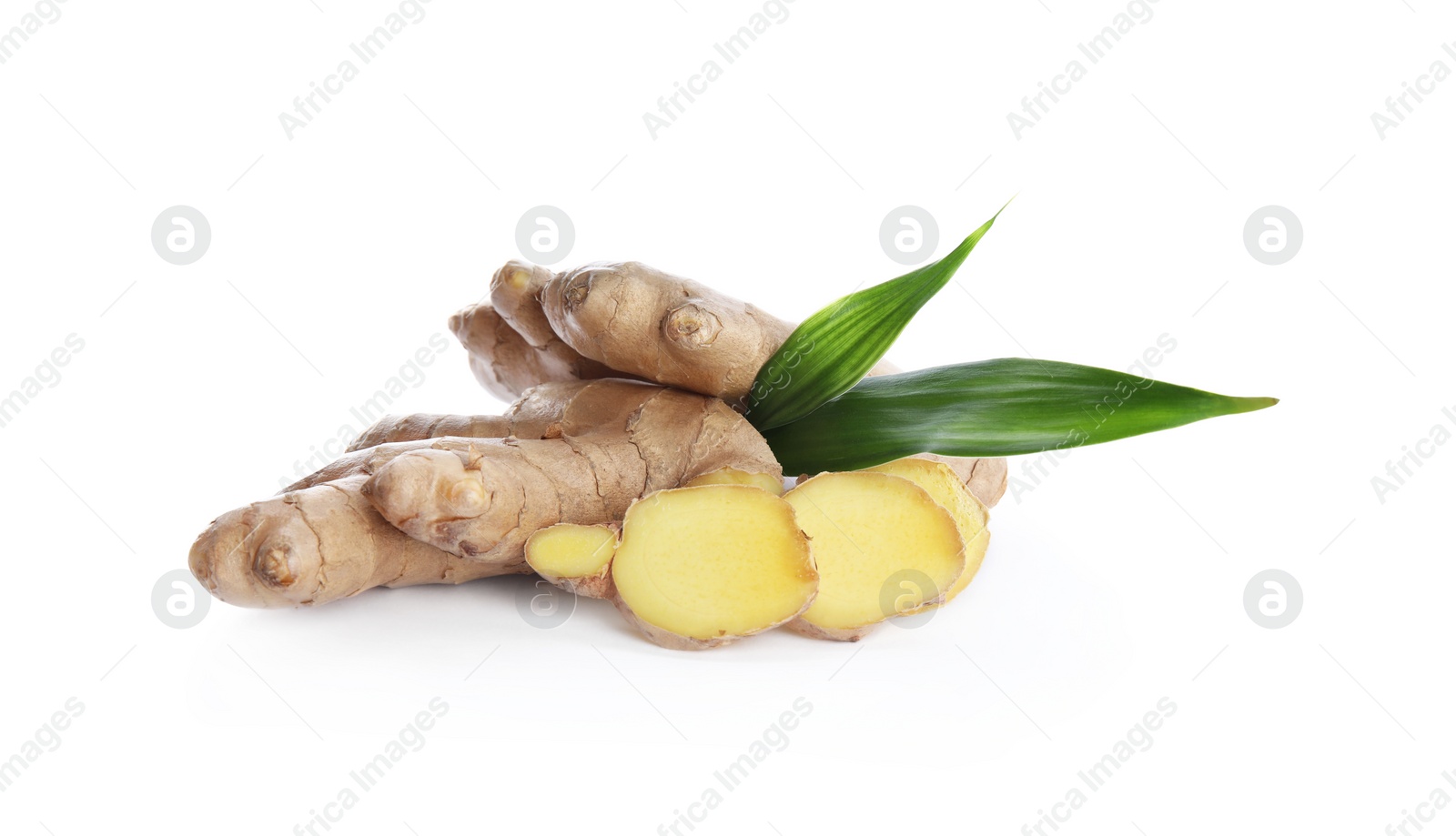 Photo of Whole and cut fresh ginger with leaves isolated on white background