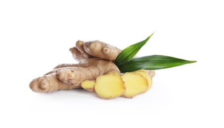 Photo of Whole and cut fresh ginger with leaves isolated on white background