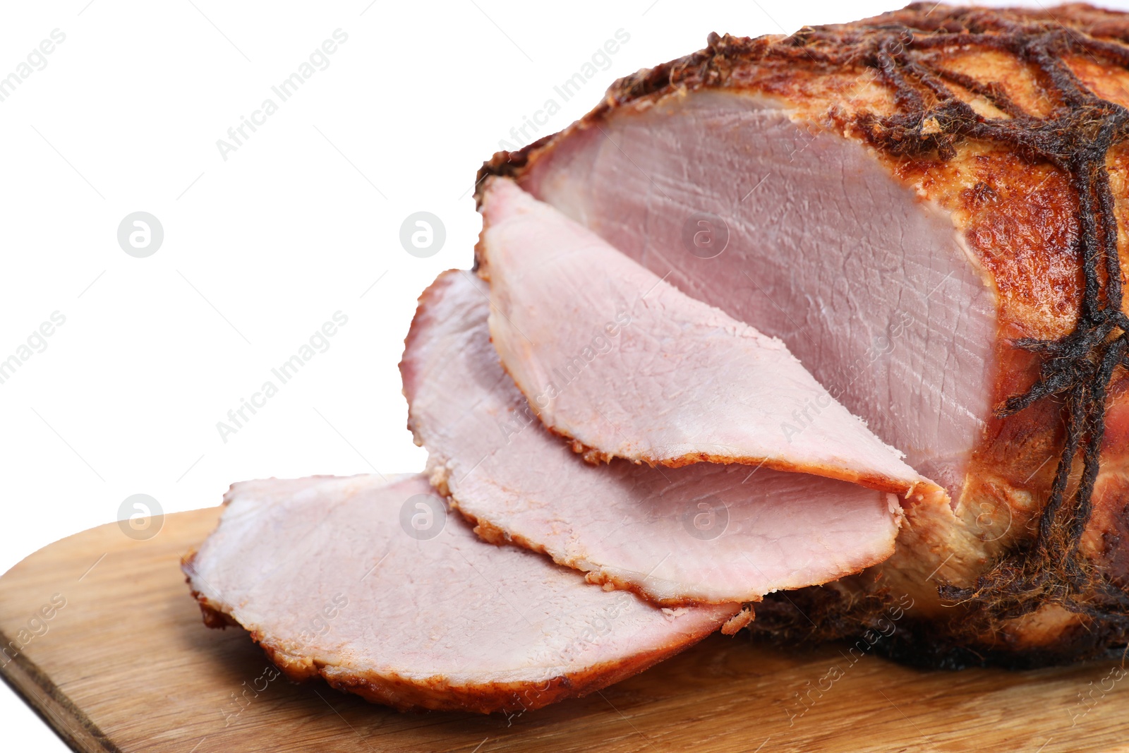 Photo of Cut delicious baked ham isolated on white