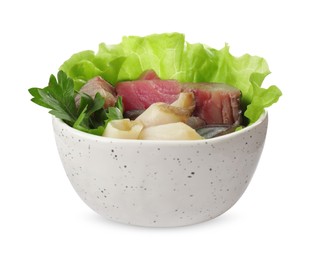 Delicious mackerel, tuna and squid served with lettuce and parsley isolated on white. Tasty sashimi dish