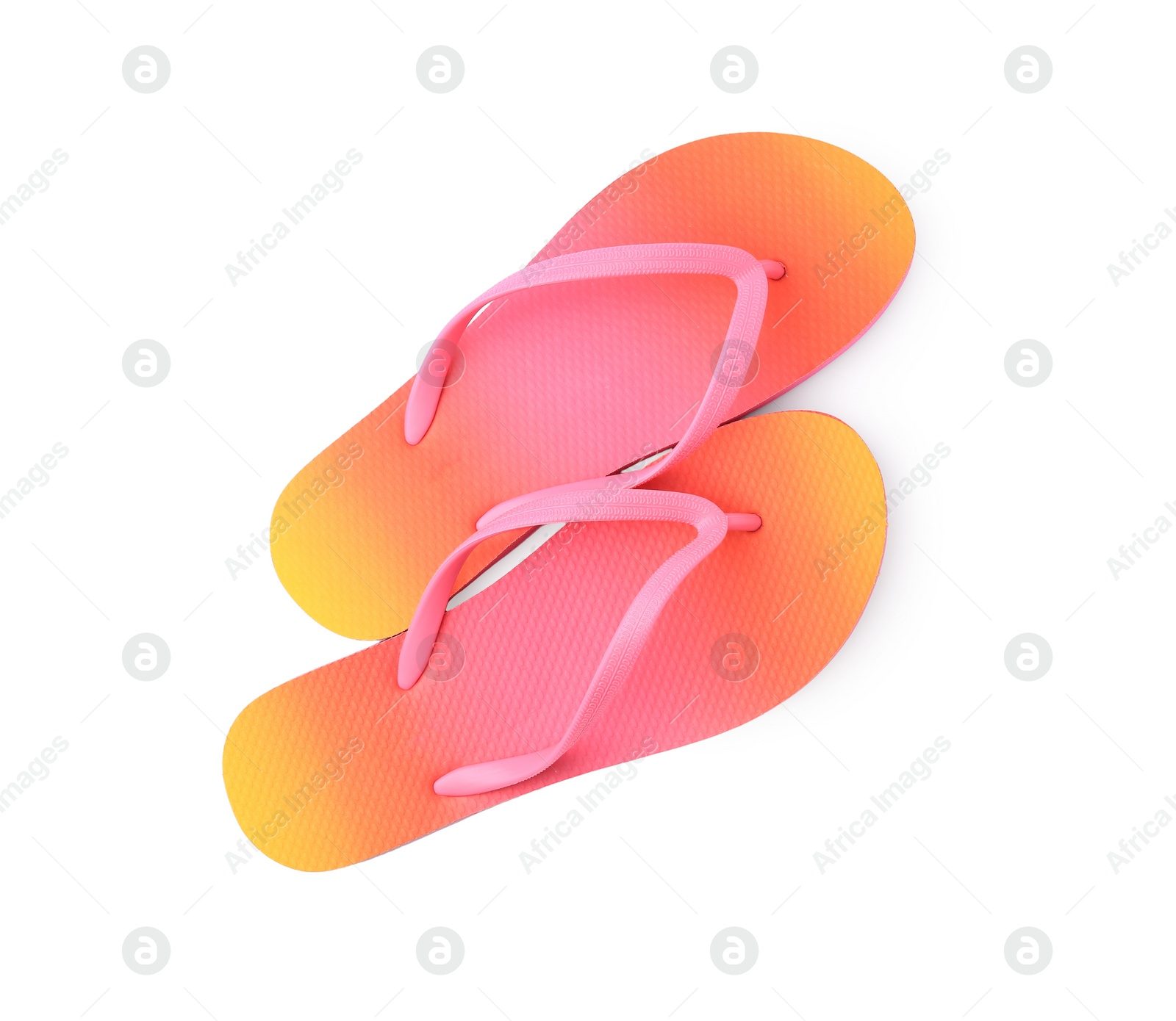Photo of Stylish flip flops isolated on white, top view
