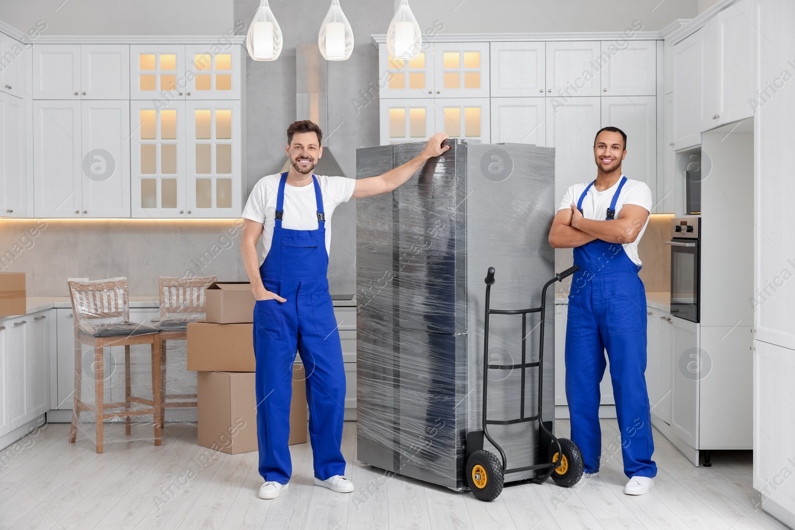 Photo of Male movers with refrigerator in new house
