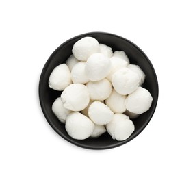 Photo of Bowl with mozzarella cheese balls on white background, top view