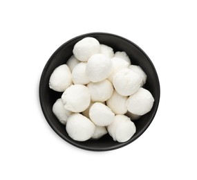 Bowl with mozzarella cheese balls on white background, top view