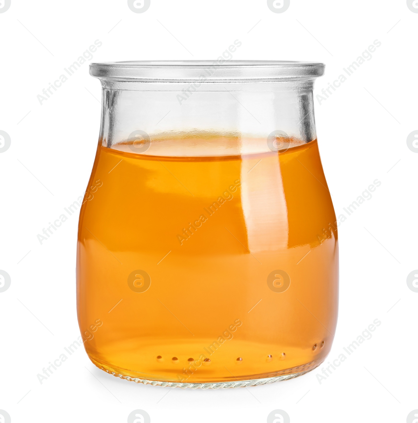 Photo of Tasty jelly dessert in glass jar on white background