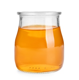 Tasty jelly dessert in glass jar on white background