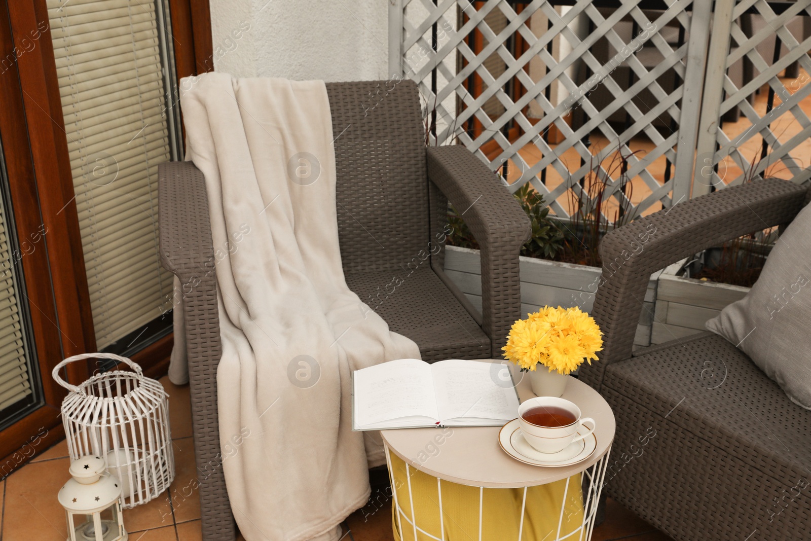 Photo of Blanket, pillow, cup of tea and beautiful chrysanthemum flowers on garden furniture outdoors