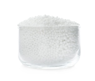 Photo of Pellets of ammonium nitrate in bowl isolated on white. Mineral fertilizer