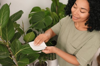 Photo of Happy woman wiping beautiful green houseplant leaves