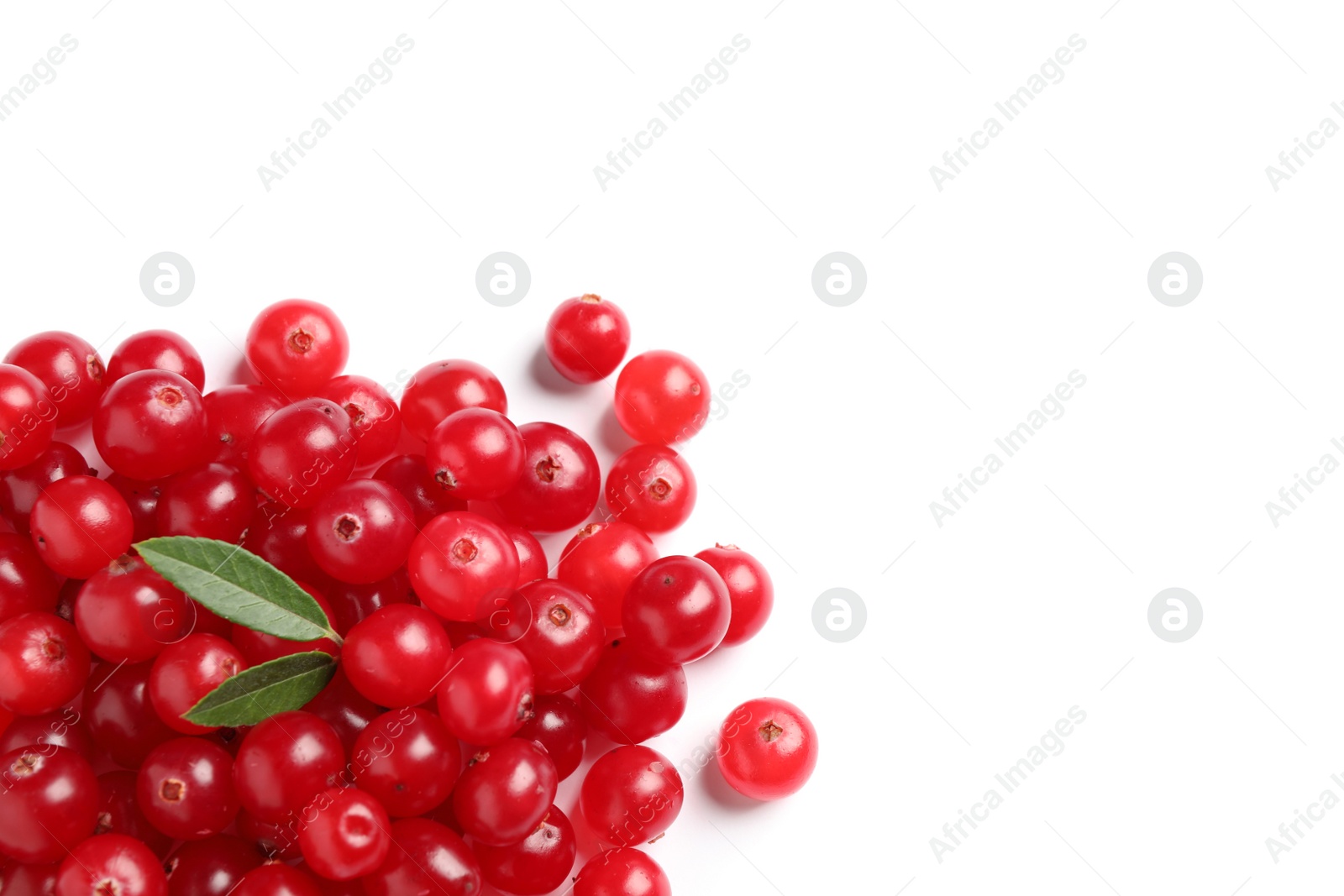 Photo of Pile of fresh ripe cranberries on white background, top view