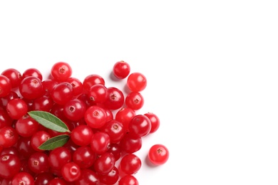 Pile of fresh ripe cranberries on white background, top view