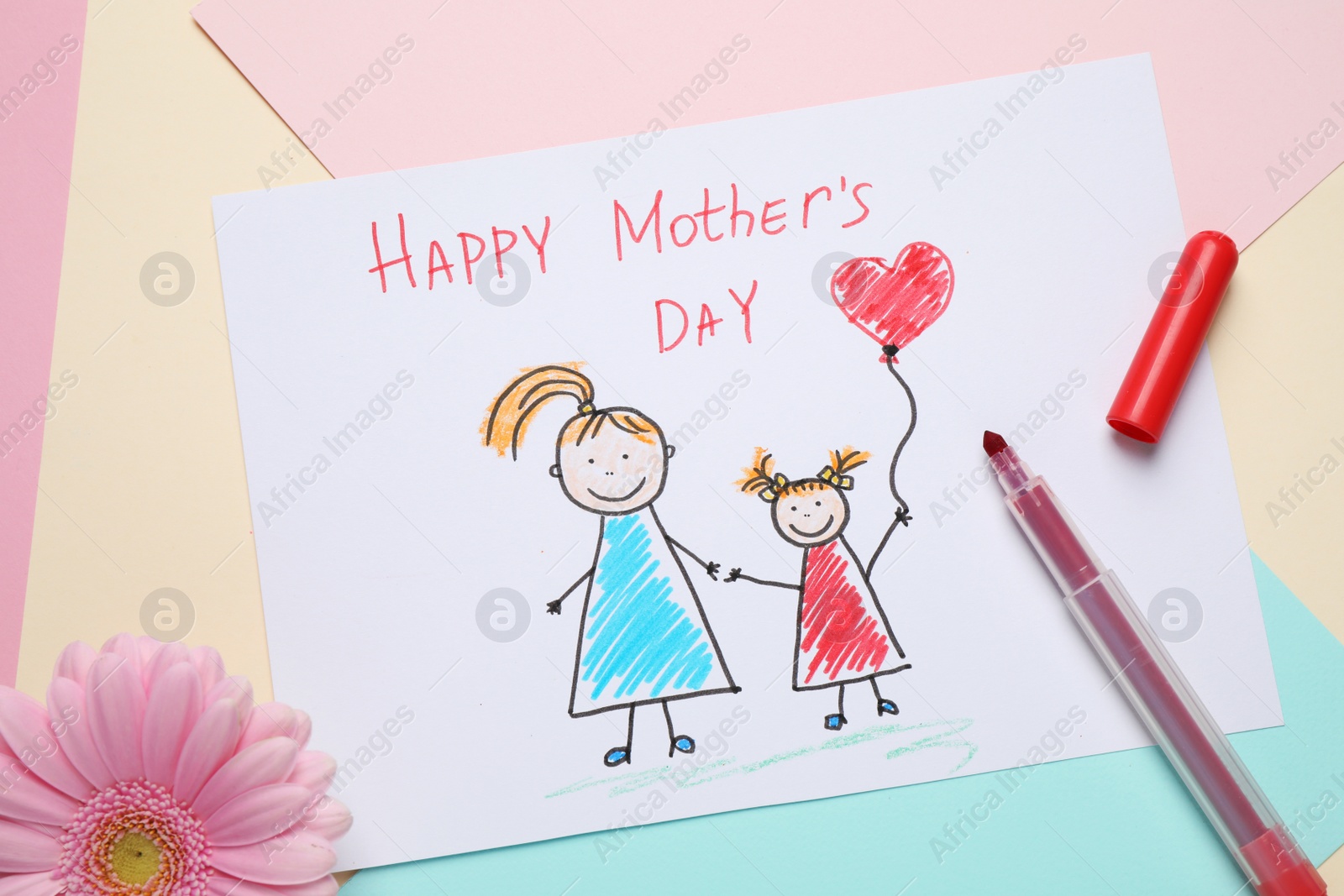 Photo of Flat lay composition with handmade greeting card for Mother's Day on color background