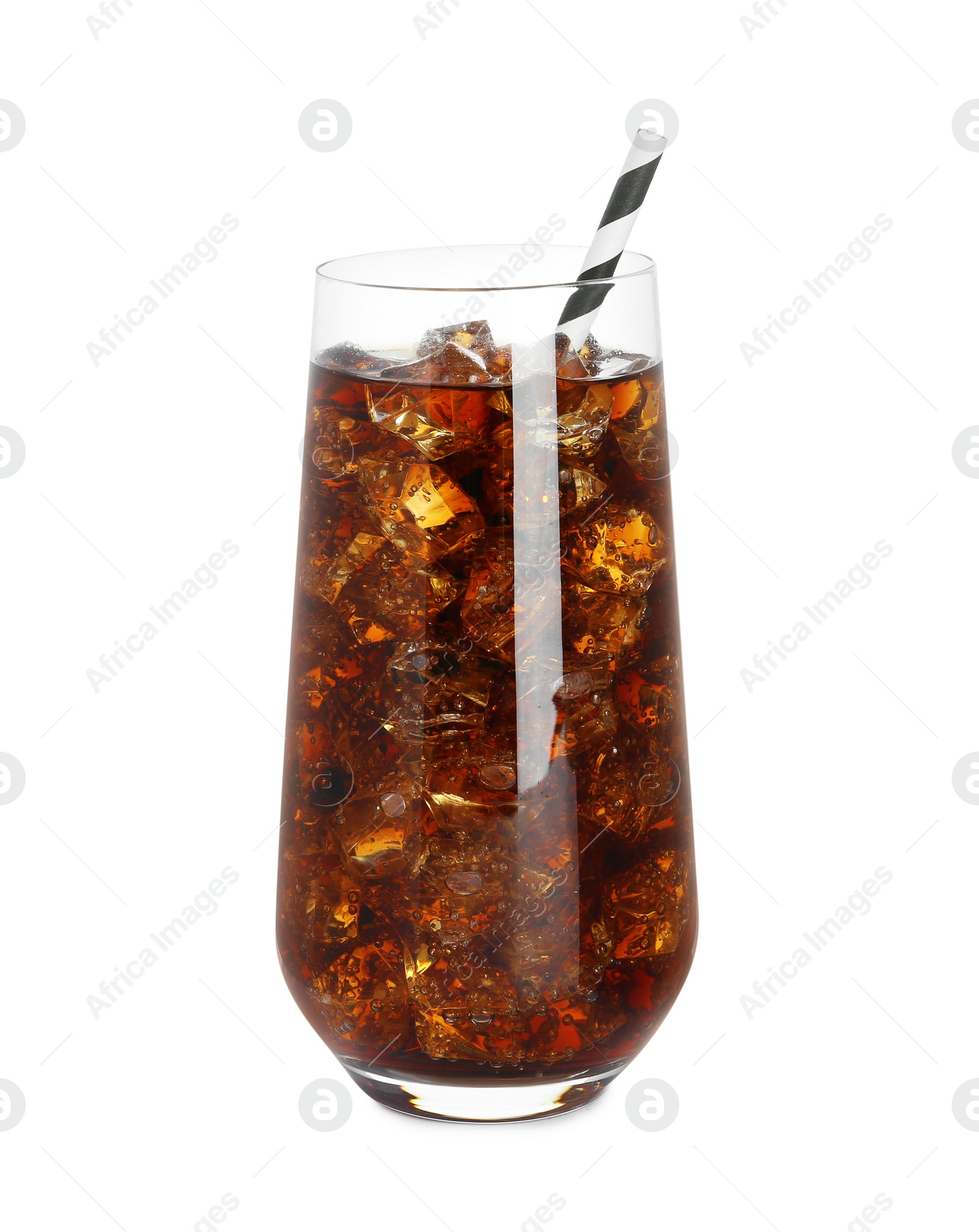 Photo of Glass of refreshing soda drink with ice cubes isolated on white