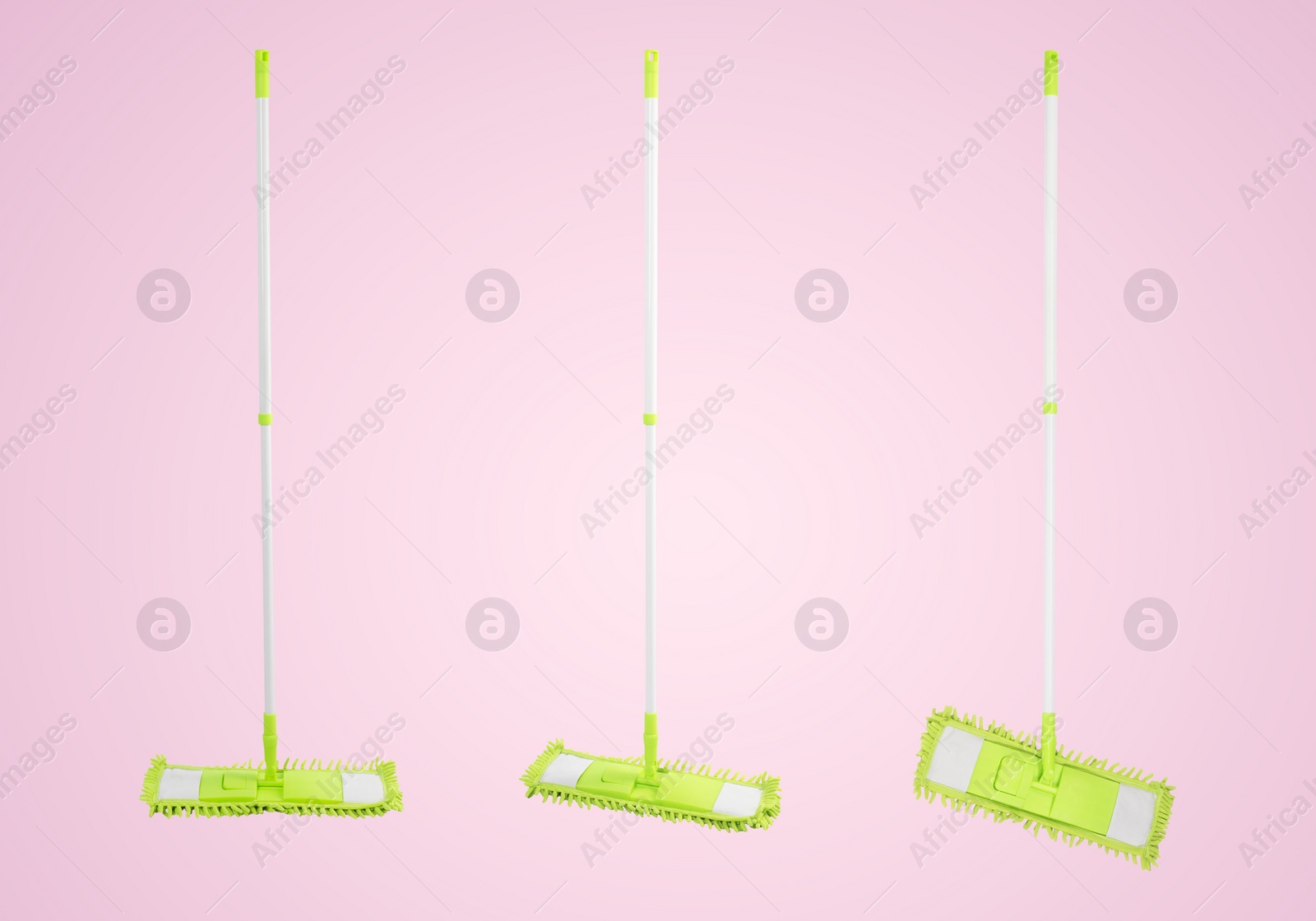 Image of Collage with green flat mop on pink background