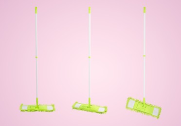 Image of Collage with green flat mop on pink background