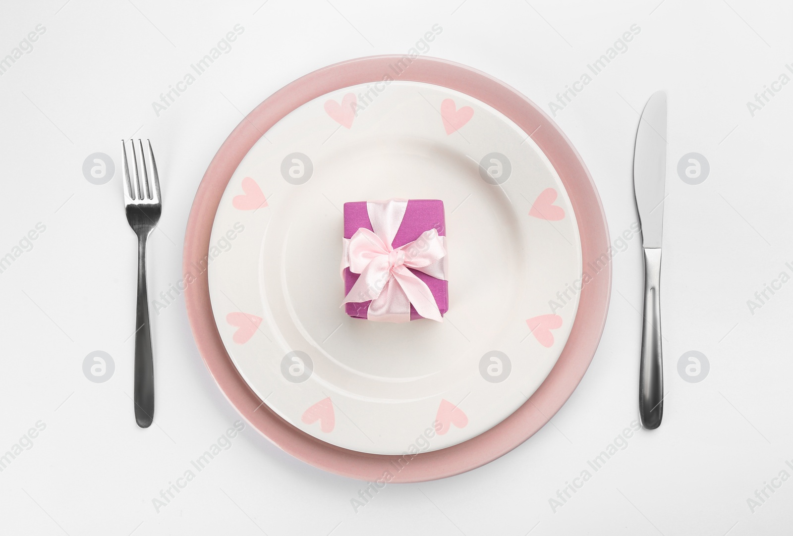 Photo of Beautiful table setting on white background, flat lay. Valentine's Day dinner