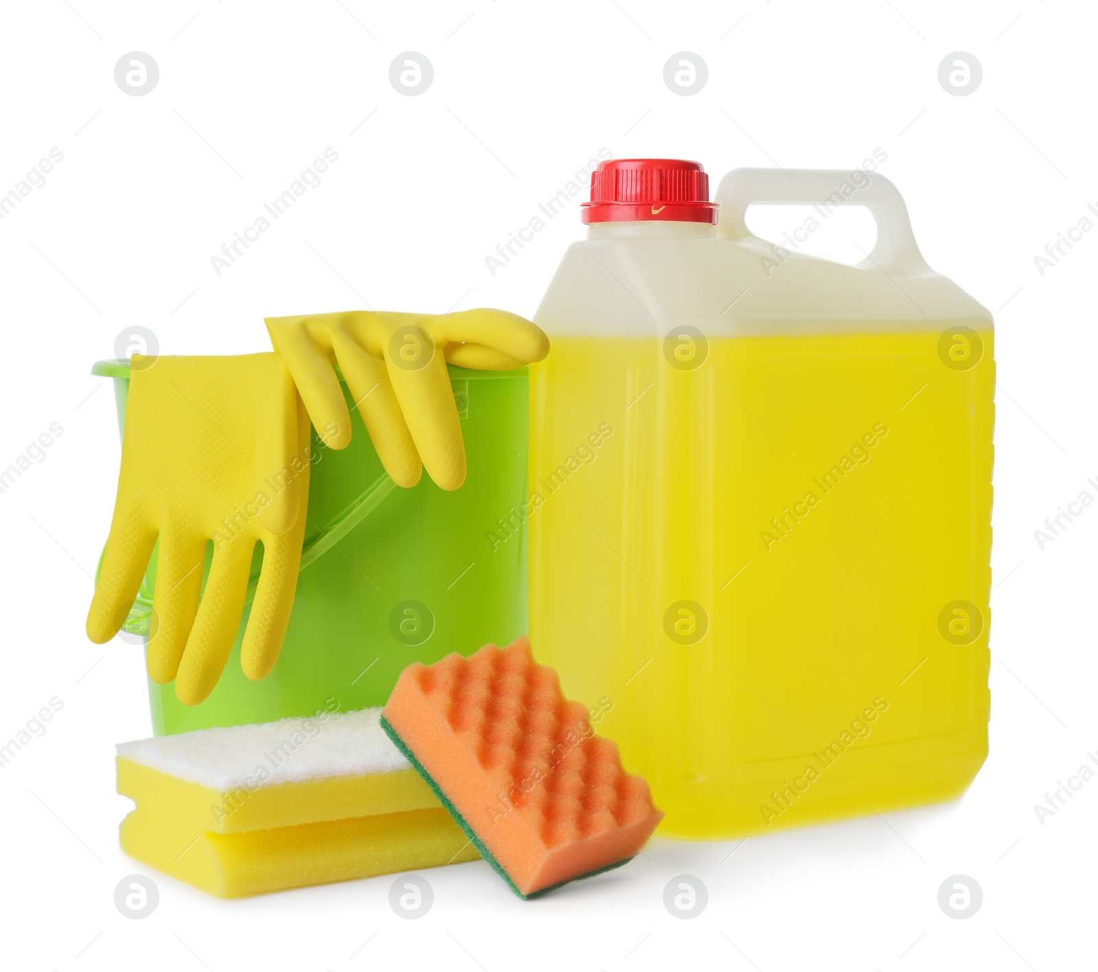 Photo of Set of different cleaning supplies on white background