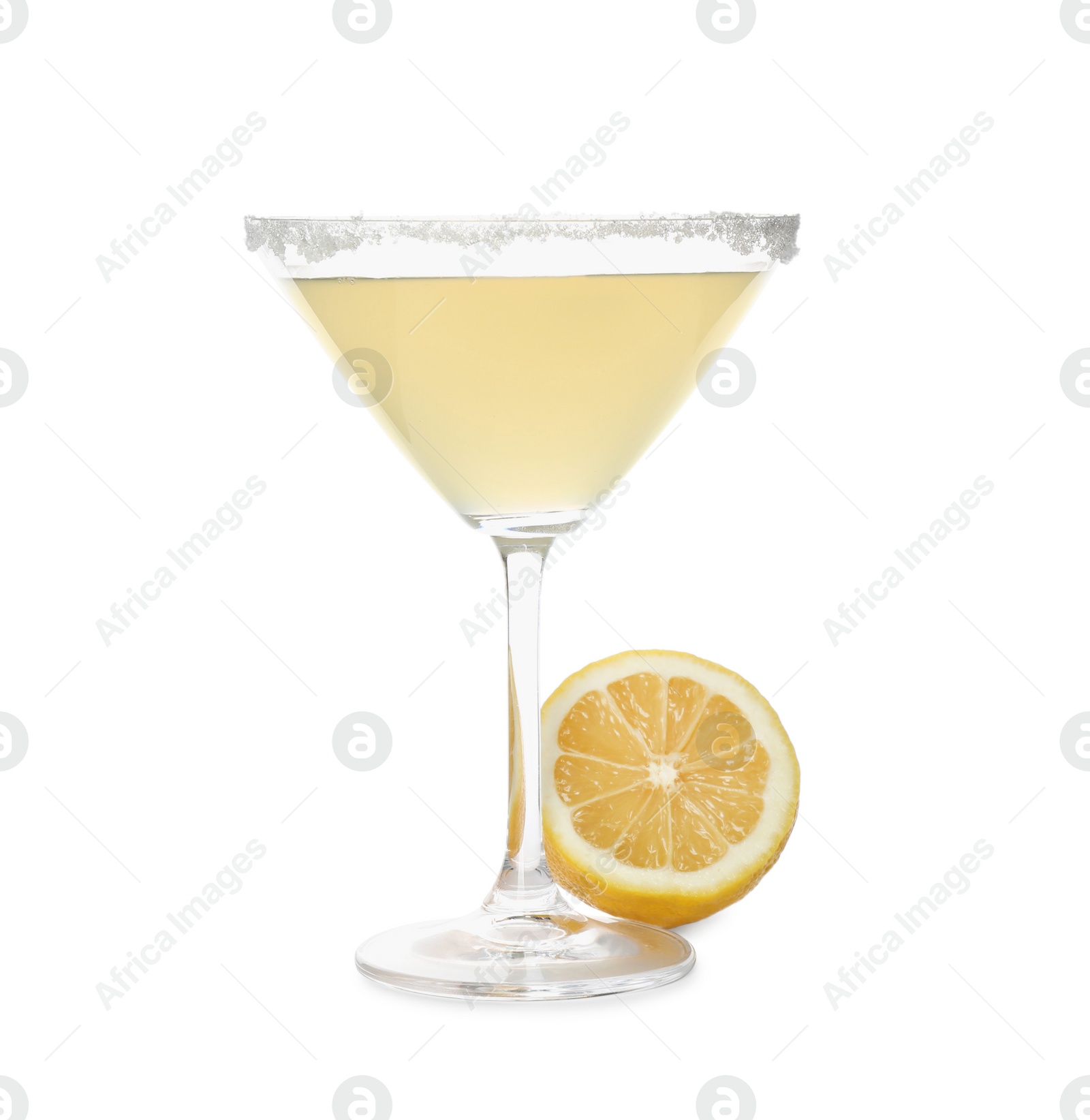 Photo of Lemon drop martini cocktail and fresh fruit on white background