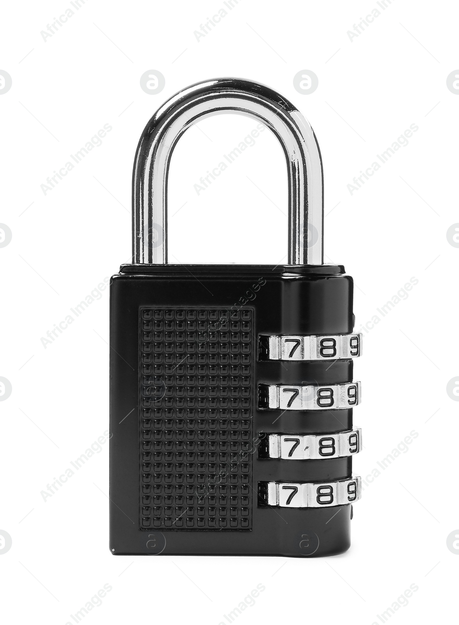 Photo of Locked steel combination padlock isolated on white