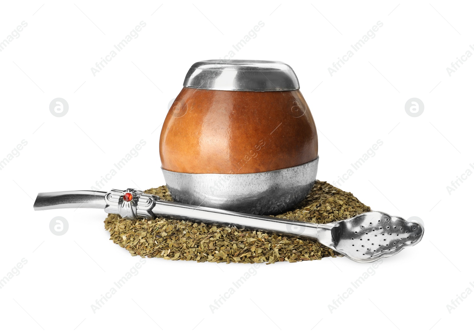 Photo of Calabash with mate tea and bombilla on white background