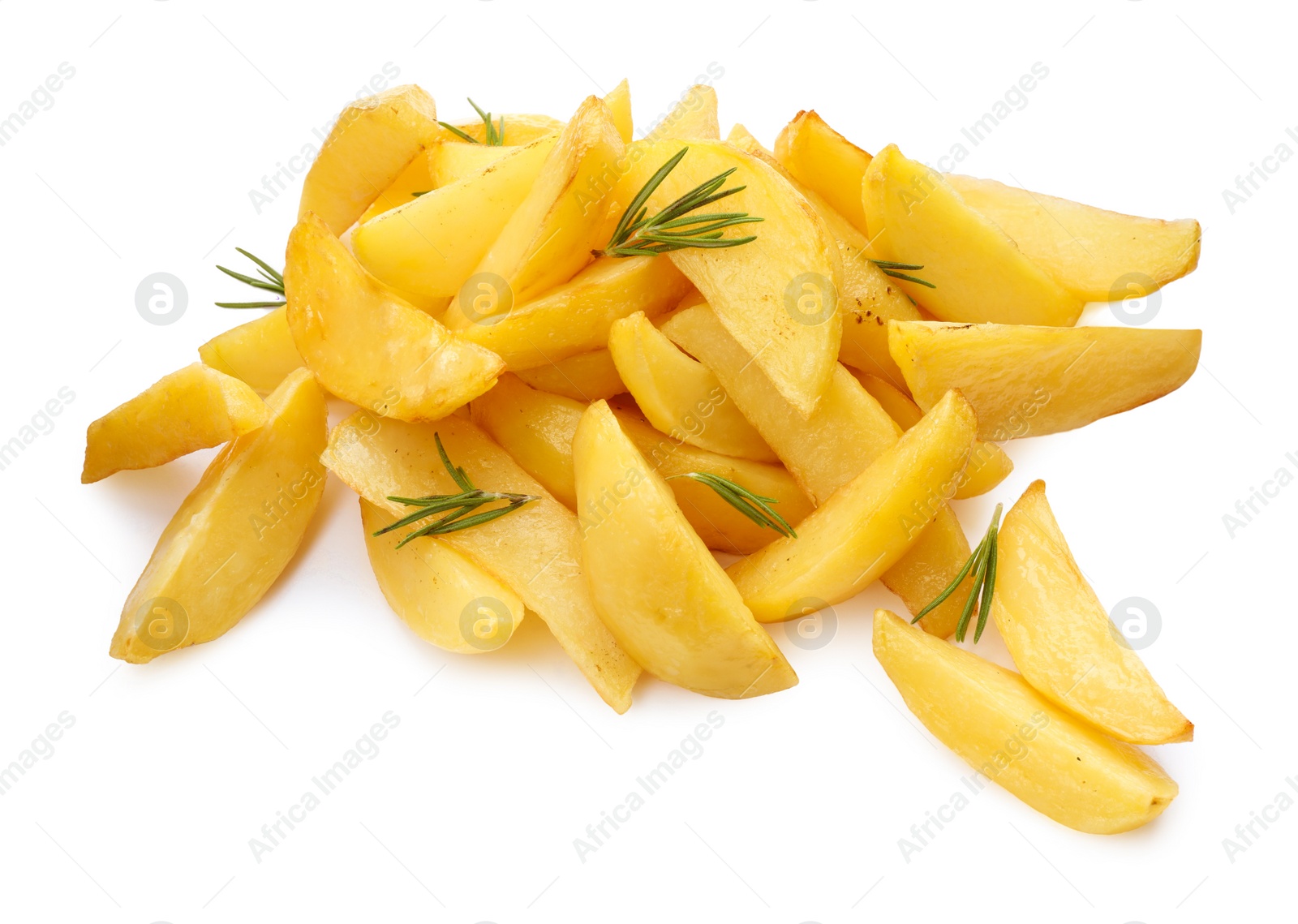 Photo of Tasty baked potato wedges with rosemary on white background