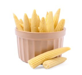 Bowl and pickled baby corn isolated on white