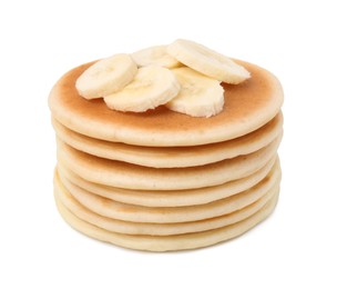 Photo of Delicious pancakes with banana slices isolated on white