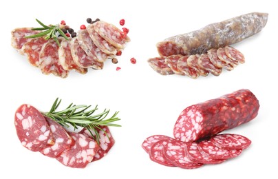 Image of Collage with different delicious sausages on white background