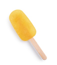 Tasty orange ice pop isolated on white. Fruit popsicle