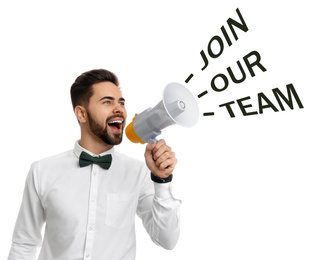 Image of Young man with megaphone and phrase JOIN OUT TEAM on white background. Career promotion