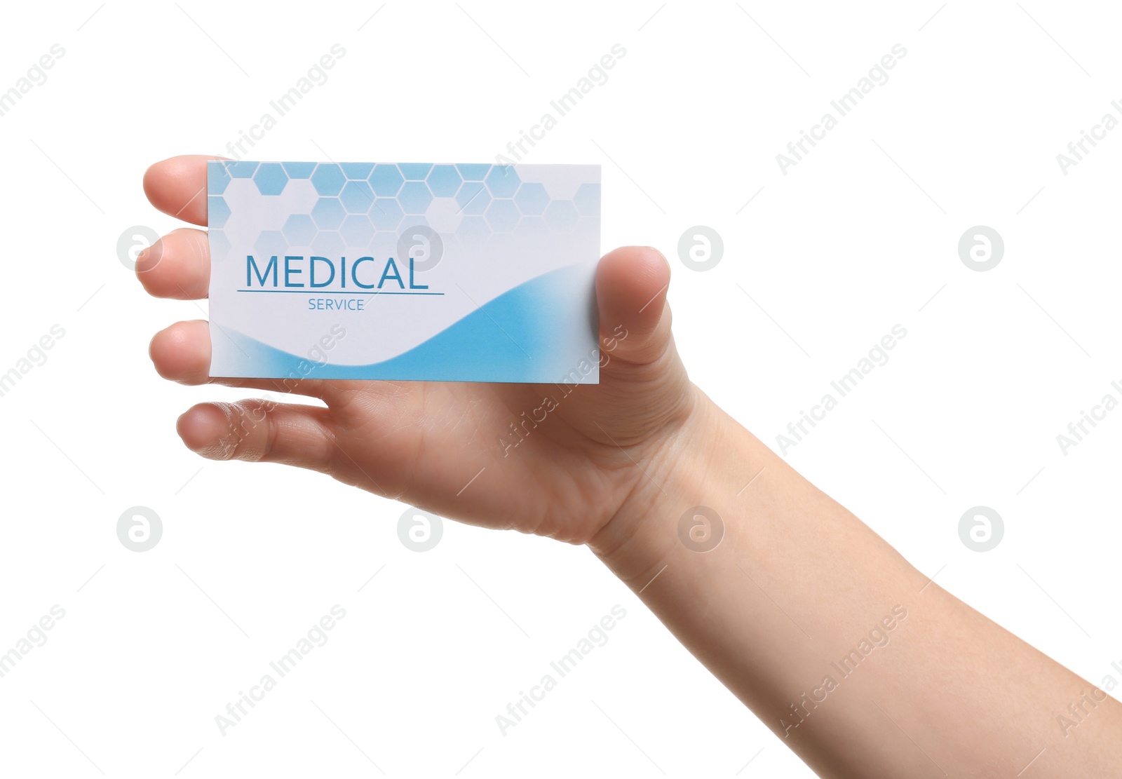 Photo of Woman holding business card isolated on white, closeup. Medical service