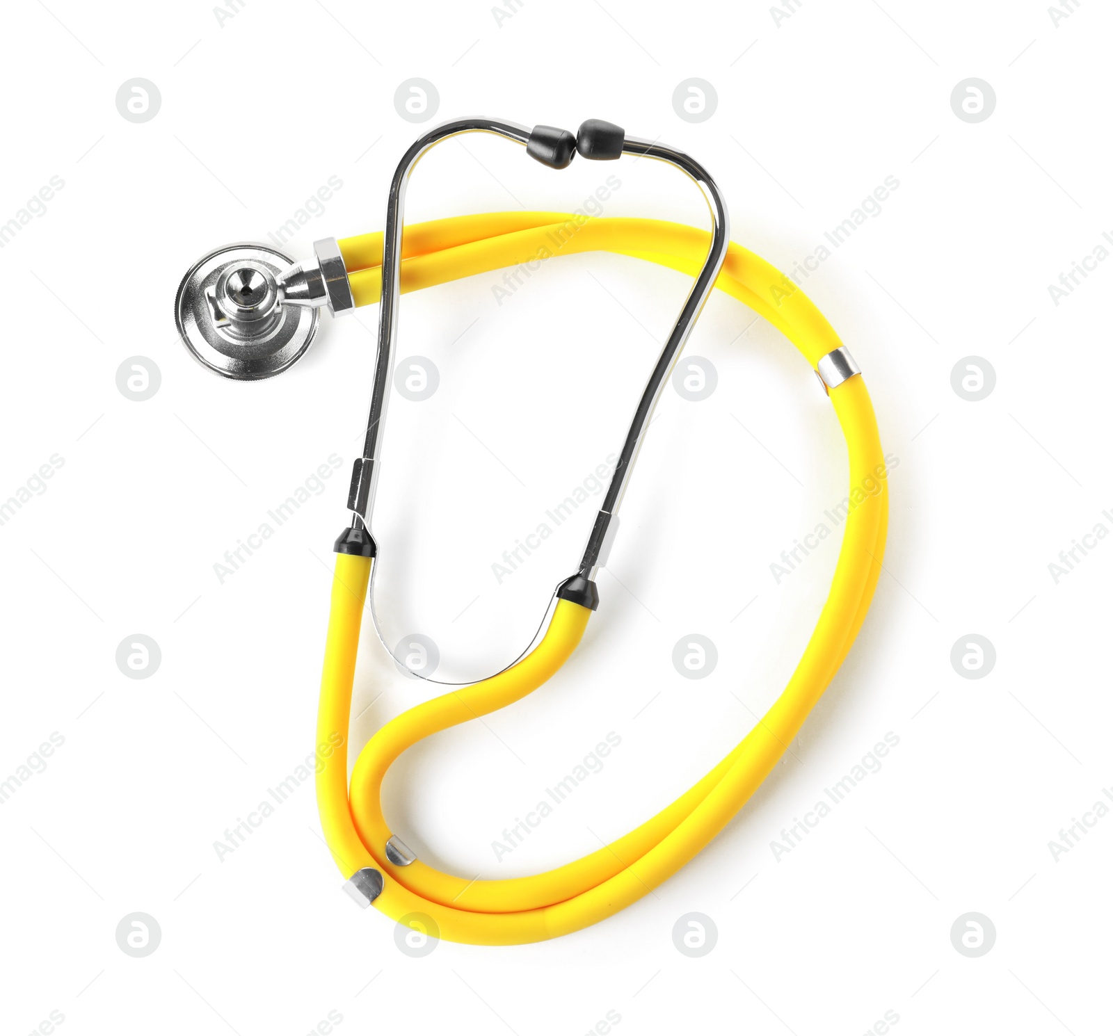 Photo of Stethoscope on white background, top view. Medical device