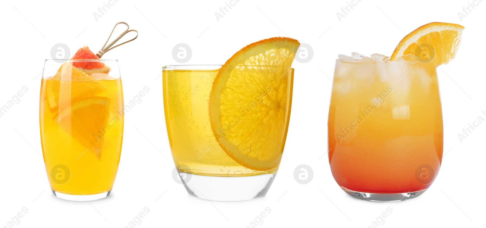 Image of Set with delicious Mimosa cocktails on white background, banner design