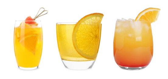 Set with delicious Mimosa cocktails on white background, banner design