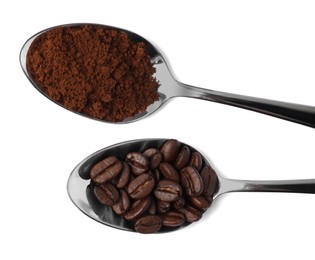 Photo of Spoons of ground coffee and beans on white background, top view
