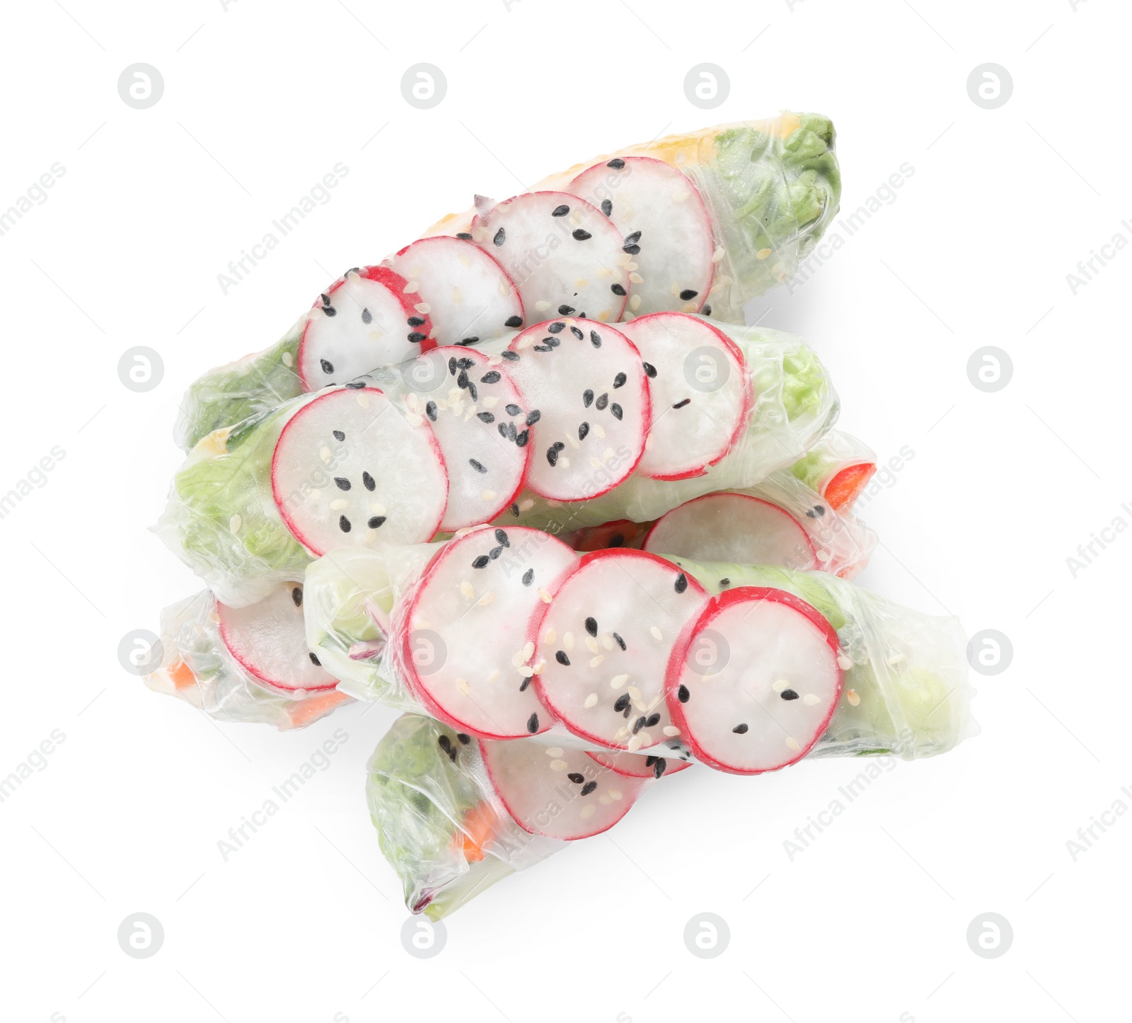 Photo of Delicious spring rolls wrapped in rice paper isolated on white, top view