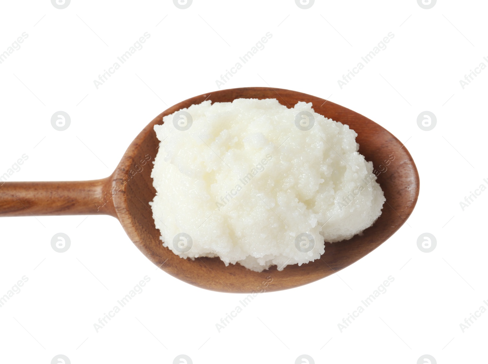 Photo of Shea butter in wooden spoon isolated on white, top view