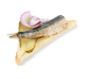 Photo of Delicious sandwich with sprat, slice of pickled cucumber, and onion isolated on white
