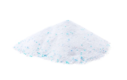 Pile of laundry detergent on white background