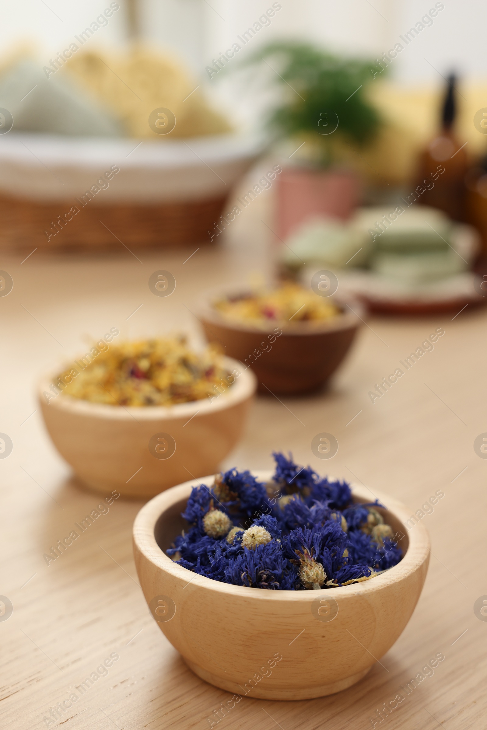 Photo of Bowls of dry flowers on light wooden table. Spa therapy