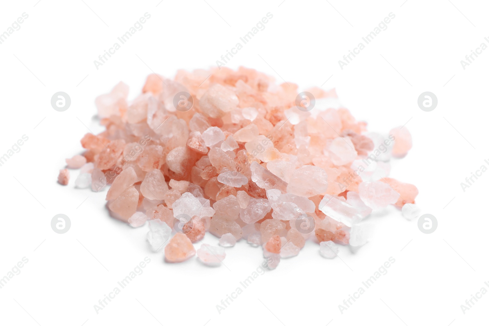 Photo of Heap of pink Himalayan salt on white background