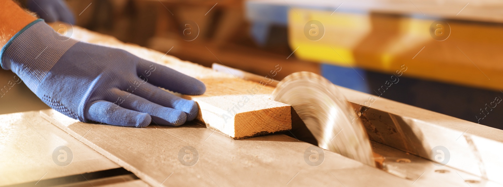 Image of Professional carpenter working with wood in shop, closeup. Banner design