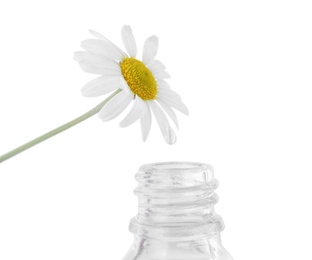 Photo of Drop falling down from chamomile into bottle of essential oil isolated on white