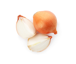 Photo of Whole and cut onion bulbs on white background, top view