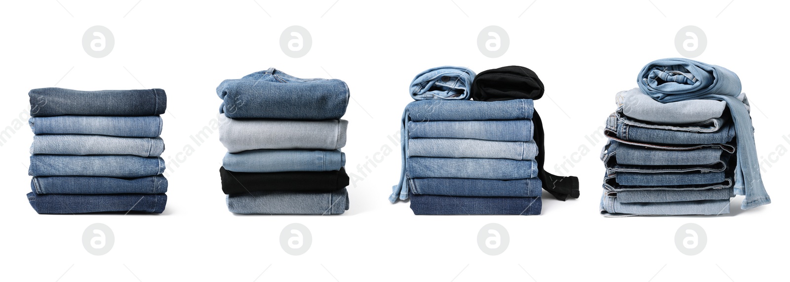 Image of Set with folded and rolled different jeans on white background