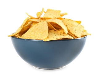 Photo of Blue bowl with tasty Mexican nachos chips on white background