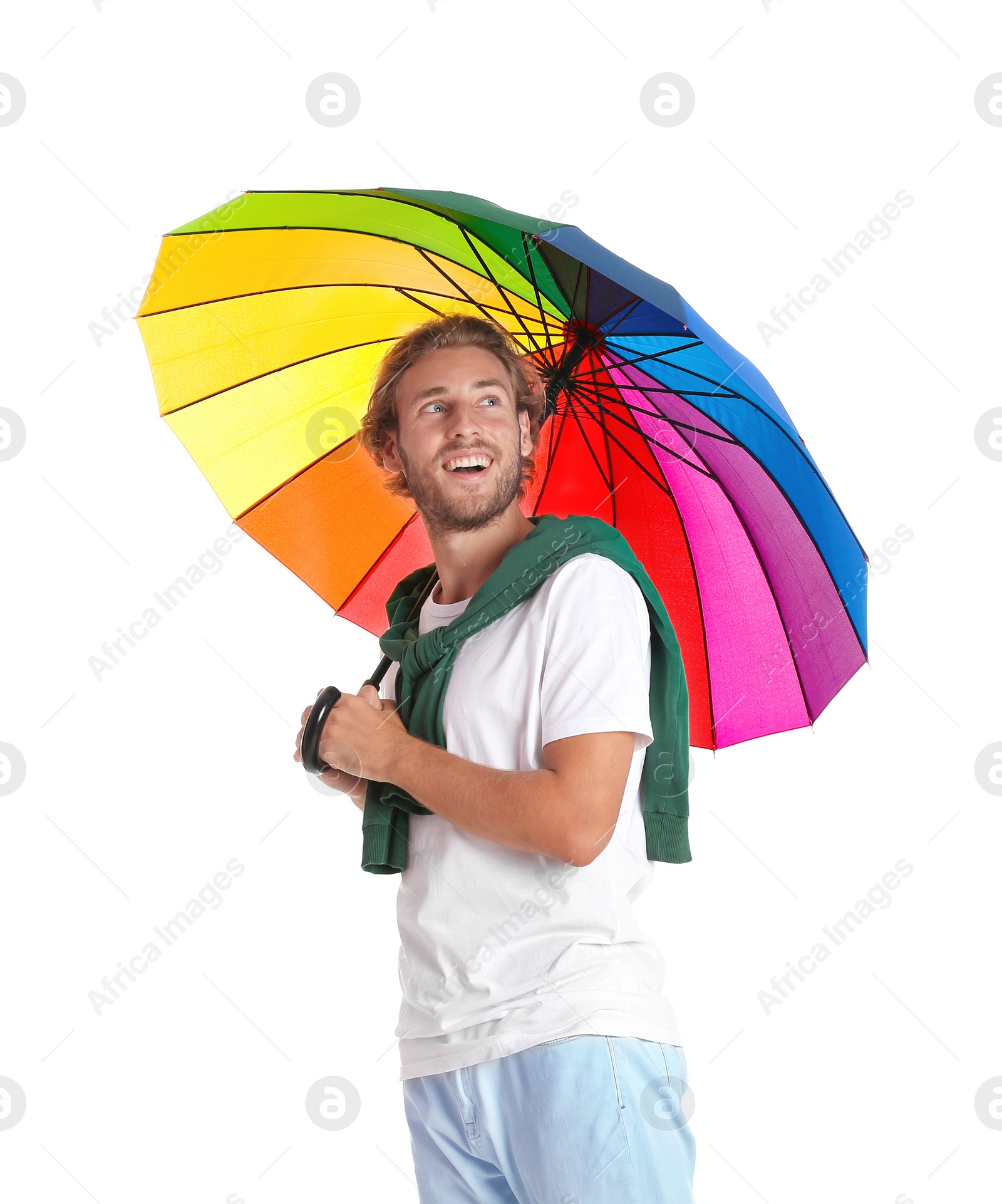 Photo of Man with rainbow umbrella on white background