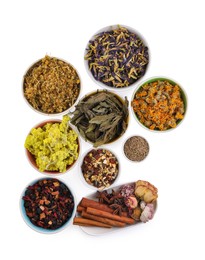 Photo of Many different dry herbs, flowers and spices in bowls isolated on white, top view