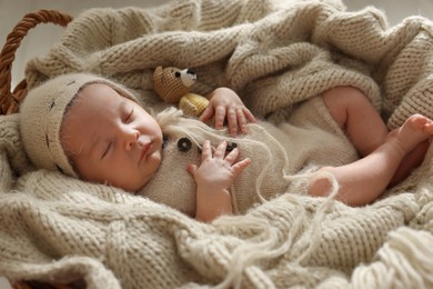 Photo of Adorable newborn baby with toy bear sleeping in wicker basket