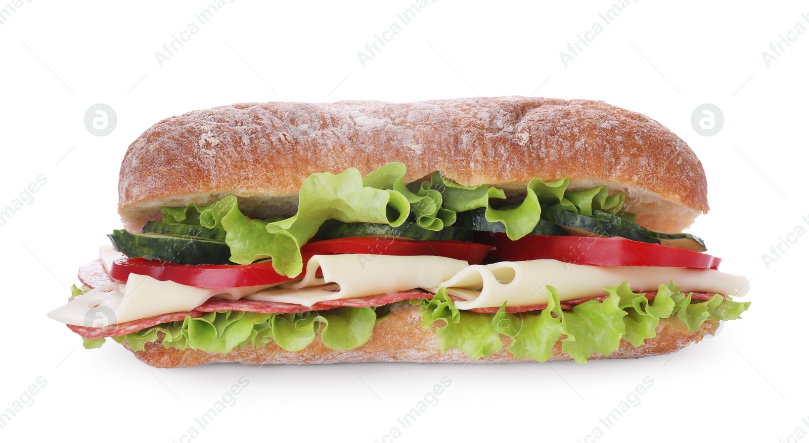 Photo of Delicious sandwich with fresh vegetables, cheese and salami isolated on white